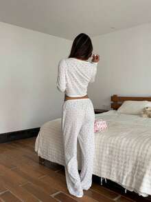 2pcs Women Ditsy Floral Round Neck Long Sleeve Top + Elastic Waist Pants Cute Pajama Set - White - View 9