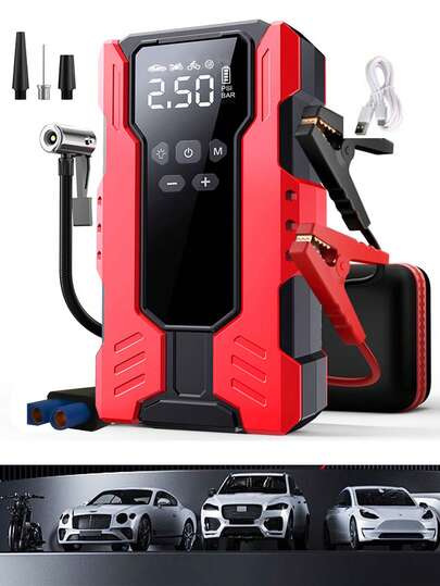 带空气压缩机的汽车应急启动器，EVA包装，移动电源 - 手机快速充电，汽车电池充电器，应急LED灯，快速充气，胎压检测，便携式12V汽车应急启动器
