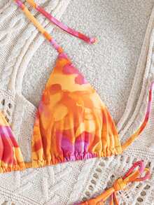 wohenmeili Bộ bikini gợi cảm buộc dây cổ, nhuộm màu tie-dye dành cho nữ, thích hợp mặc đi biển mùa hè. - Hoa cam - Xem 7