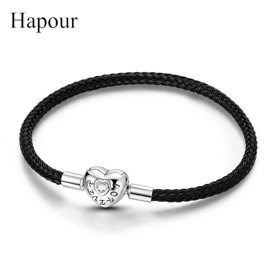 925 Sterling Silver Heart Clasp Snake Bone Chain CZ Black Leather Bracelet, Women DIY Pendant Beaded Jewelry Gift - Black - View 1