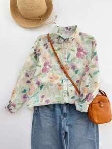 Women's Floral Print Long Sleeve Single-Breasted Casual Shirt Vacation Spring - Green Pink - View 4
