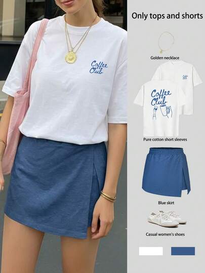 Coffee Club Letter Print Summer Women's Casual Fashion 100% Cotton Short Sleeve Top And Denim Skort Set, Women's 2-Piece Set, Cotton Clothing, Oriental Aesthetic Streetwear 2026 Milan Inspired Graphic T-Shirt - 100% Premium Cotton Short Sleeve Abstract Easter Bunny T-Shirt 100% Cotton Shirt - 2026 Back To School Outfit, Campus Inspired, Back To School Essential, First Day Of School Outfit, 2026 Back To School Fashion, Collegiate Style