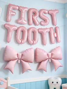 12pcs 16-Inch Pink & Blue "FIRST TOOTH" Letter Balloons, Large Pink & Blue Bow Foil Balloons, Suitable For Tooth Fairy Party, First Tooth, Birthday Party Decoration - Multicolor - View 3