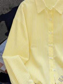 女士休闲百搭条纹衬衫，柠檬刺绣领口设计，长袖纽扣开襟，适合春夏日常办公穿着，白色 - 白色 - 查看 4