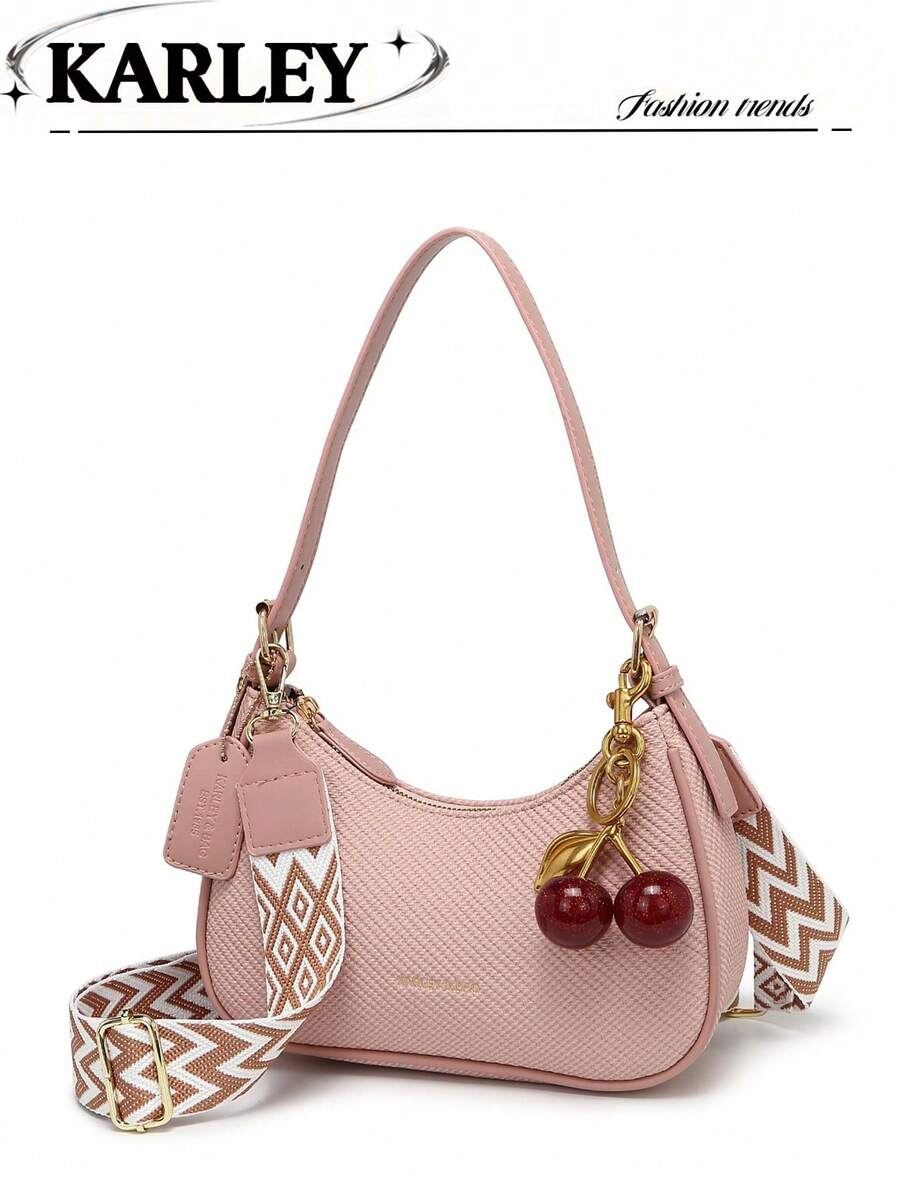 2025新款时尚经典百搭字母图案装饰纯色PU皮革单肩包/斜挎包，适合购物，可折叠 - 粉色 - 查看 1