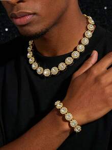 1 Set Collar y Pulsera de Hombre con Cadena de Diamantes Redondos de Cristal - Estilo A - Ver 1