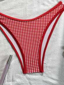 2026 New Spring/Summer Women's Bikini 2 Pieces Set, Classic Fashion Red Plaid Print, Suitable For Beach, Resort, Swimming Pool - Red - View 5