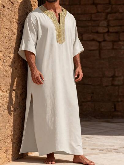 GOLDREDY Men's Casual Long V-Neck Solid Color Soft Woven Fabric Patchwork Embroidered Collar Minimalist Elegant Suitable For Outings, Outdoor Activities, Commuting, Versatile Short Sleeve Robe