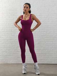 Velisys 2 PCS Women'sWomen's Backless Sleeveless Black Seamless Jumpsuit Yoga Jumpsuit Sports Jumpsuit Seamless Fitness Jumpsuit Yoga Jumpsuit - 中紫紅色 - 查看 6