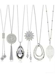 6件套女士长项链套装，流苏吊坠项链，圆杆羽毛叶子毛衣链，个性化项链 - 銀色 - 查看 3