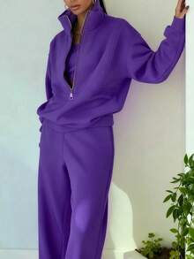 Women's Oversized Half Zip 2 Piece Tracksuit, High Neck Loose Fit Polar Fleece Sweatshirt & Wide Leg Pants Set, 2026 Early Spring New Arrival Cozy Loungewear, Casual Daily Light Outdoor Wear One Color Outfit    Vacation Outfits Women  (Local Warehouse Discounts.) | Two Piece Set Women | 2 Piece Sets Woman | Workout Sets Women | Women Two Piece Sets | Sets 2 Piece Women | Conjunto De Dos Piezas Mujer - 紫色 - 查看 3
