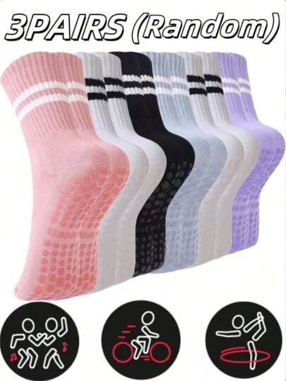 3 perechi de șosete unisex sport și yoga până la jumătatea gambei, culori aleatorii, șosete Pilates cu aderență pentru femei, șosete antiderapante potrivite pentru barre, spital, exerciții, papuci