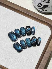 10pcs/Set Handmade Gel Nail Stickers, Demon Eye Striped Square Nail Art, Japanese Style Brightening Nail Wraps, Removable Nail Patches - Multicolor - View 10