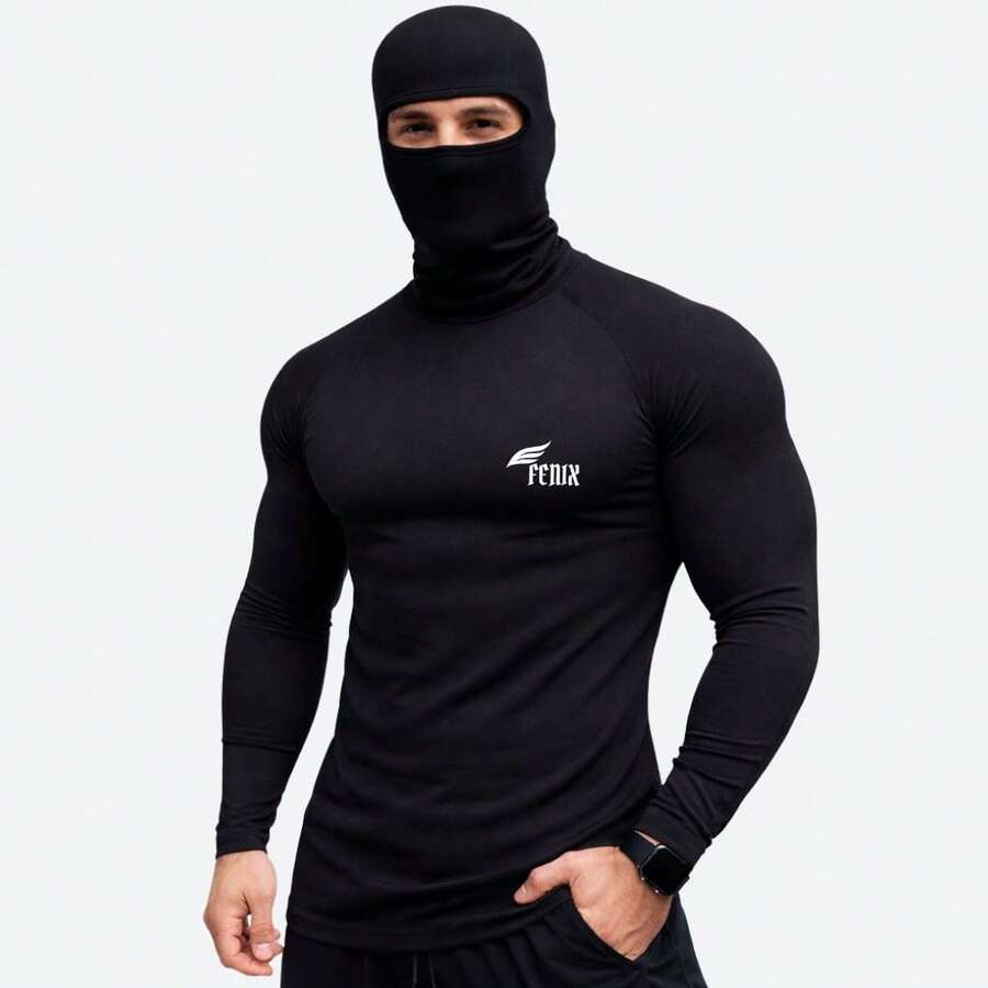 Kit balaclava + Camisa Térmica Masculina Proteção sola UV 50+ - Kit Preto - Visão 1