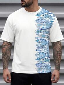 Men's Ocean Fish School Print Casual Short Sleeve Top - Multicolor - View 4