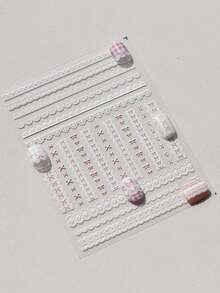 1片5D/3D可爱蕾丝美甲贴纸，甜美时尚日式格子美甲贴花，自粘式DIY配件 - 粉色 - 查看 2