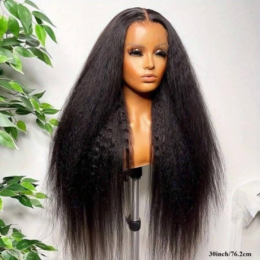 Kinky Straight Short Bob Human Hair Wig For Women 13x4 Front Transparent Lace Glueless Peruvain Remy Hair Soft Yaki Bob Wig - Natural Black - View 1