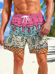 Summer Funny Ice Cream 3D Digital Print Beach Shorts, All-Over Gradient Ice Cream, Candy Cane & Waffle Cone Pattern, 3D Technique Presents Sweet & Cool Visual Effect, Vibrant Color Scheme, Casual Shorts For Men To Wear On Beach Vacation Or Leisure Outings - Multicolor - View 2