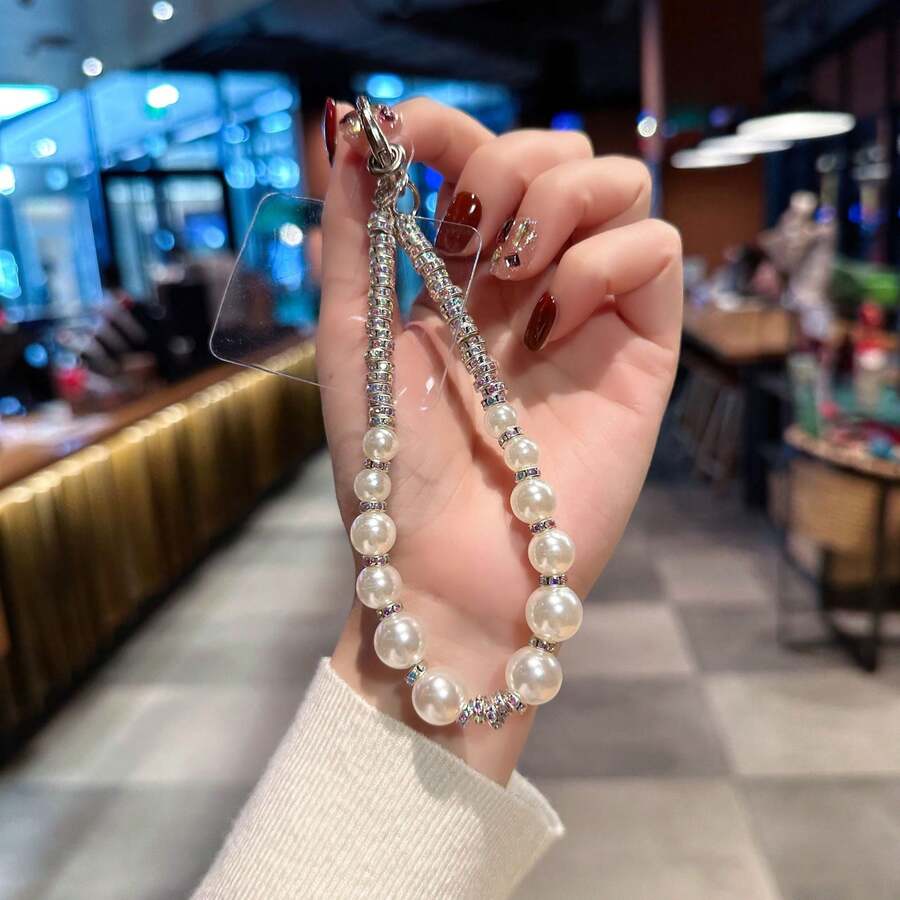 1pc Luxury Rhinestone Pearl Beaded Phone Lanyard, Phone Case Charm Pendant - Multicolor - View 1