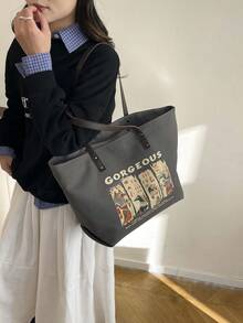 Dedoo 文学复古埃及风印花大容量帆布手提包，女士个性化励志单肩包，适合日常通勤、图书馆学习、城市漫步、上学或短途旅行 - 黑色 - 查看 4