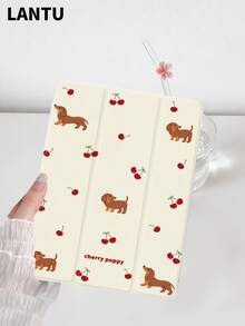 1 husă de protecție pentru tabletă cu model de cățeluș și cireșe, pliabilă în trei straturi, compatibilă cu Apple 10.2", Pro 11" 2020/2021, (A16) 11" 11th Gen 2025, 9th/10th Gen, Air 4th 10.9", Galaxy Tab S6 Lite 10.4", /, anti-cădere, cu slot pentru stilou, suport pentru trezire/somn, cadou personalizat practic, cadou pentru familie / sfârșit de an - Multicolor - Vizualizare 3