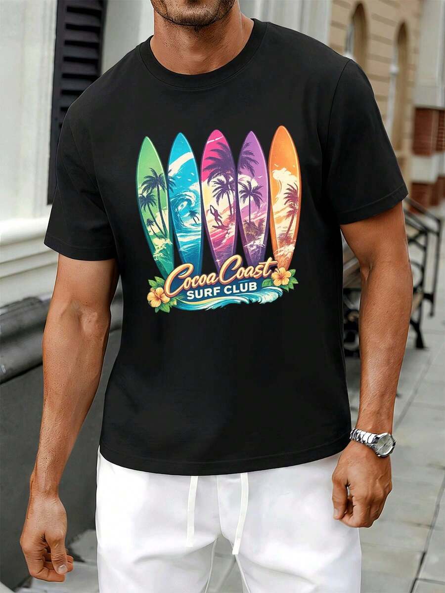 Maglietta da spiaggia con grafica retrò da surf, primavera, cotone morbido, vestibilità comoda, casual, traspirante - nero - Visualizzare 1