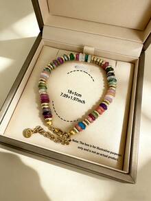 Bohemian Style Colorful Natural Stone Bead Bracelet, Made Of Stainless Steel, With Gold-Plated Interlocking Beads. A Fashionable Beach Vacation Accessory For Women, A Creative Handmade Gift. Pendant Bracelet As A Gift For Girlfriends, Sisters, Friends, Grandpa, Grandma, Mom, Dad. Holiday Gift. The Color Sequence Is Randomly Arranged. - Lucky - View 2