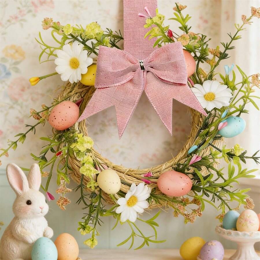 Easter Mini Wreath For Cabinets Festive Colorful Eggs Bow Hanging Garland For Fireplace Front Door Kitchen Decor - 1PC - View 1