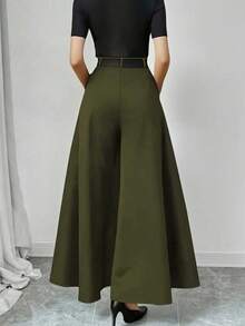 纯色口袋标志女士阔腿裤，适合日常、上学、聚会、机场、通勤等各种场合，四季皆宜，春季穿着。 - 軍綠色 - 查看 3