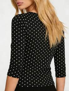 Women's Slim-Fit White Dot Print Top, Three-Quarter Sleeve Round Neck Stretch Blouse, Comfortable  Easy-Care Fabric For Daily Office Commute, Dating, And Casual Wear - 黑色 - 查看 4