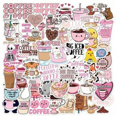 50PCS Pink Funny Coffee Cartoon Cute Graffiti Stickers DIY Handbooks, Guitar,Cups, Helmets, Creative Festival Decoration Stickers
