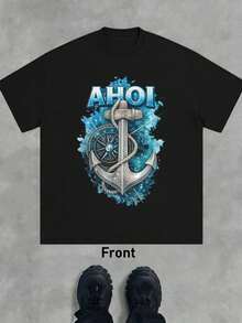 Maglietta grafica Ahoi Nautical Anchor autunnale, tessuto di alta qualità, scollo tondo, vestibilità comoda, street hip-hop - nero - Visualizzare 2