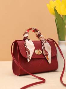 Casual Street Jacquard Plaid Women's Handbag, Scarf Decor Small Square Bag - Burgundy - View 3