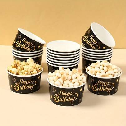 10 pezzi/20 pezzi/60 pezzi Ciotole per gelato "Buon compleanno" nere e dorate - Coppette monouso per dessert da 9 once, contenitori per dessert di stile minimalista, ciotole per gelato e spuntino con finitura in oro, adatte per compleanni importanti, scatole per spuntino con tema glitter e palloncini dorati