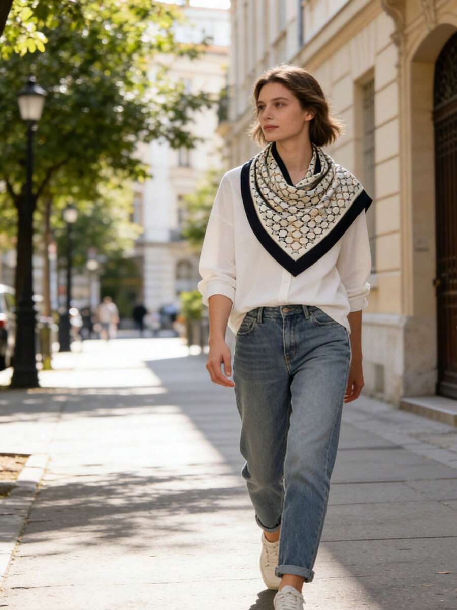 1 件装多功能几何印花围巾/披肩，适合日常、办公和度假穿着 - 紋理 - 查看 1