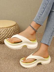 Colorblock Platform Wedge Sandals, Comfortable Beach Flip Flops, Fashionable & Versatile - Fluorescent Green - View 5