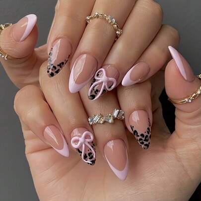 24 piezas de pegatinas de uñas cortas con forma de almendra, estampado de leopardo rosa para manicura francesa, lazos rosas 3D de estilo minimalista dulce, cobertura total brillante, adecuado para uso diario, citas y fiestas de mujeres y niñas