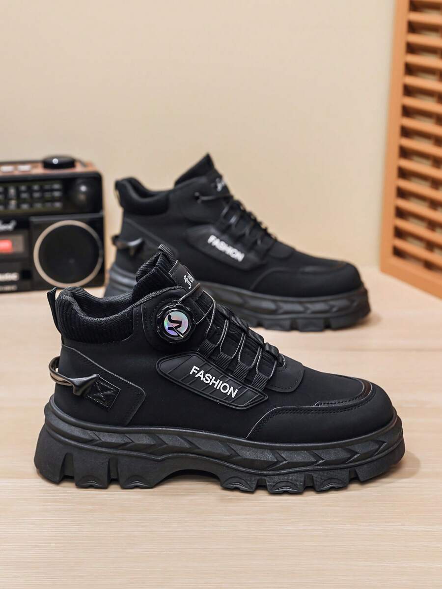 Men's Outdoor Thick Sole Fashionable Ankle Boots, Lace-Up Versatile High-Top Casual Shoes - Black - View 1