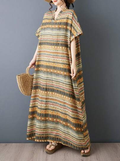 Tops Yellow Stripe Skirt 2026 Summer Women's Large Size Elegant A-Line Long Skirt Elegant Summer Long Skirt, Large Size Women's Summer, Suitable For Summer Wearing Bat Cuff Pocket Short Sleeve, V-Neck Woven Fabric Fluffy Skirt Bohemian Style Long Skirt, Summer Casual Dress, Summer Dressing, Pocket, Summer Comfortable Choice Flower Skirt Indoor Sleeping Skirt Home Daily Dress Eid Al Fitr Dress