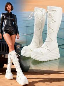 New Stylish Women's Lace-Up Thick Sole Zipper Punk Knee-High Boots - White - View 2