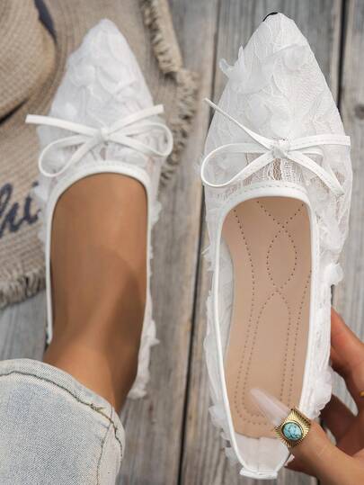 1 Pair Women's Flat Pointed Toe Slip-On Shoes, Fashion Breathable Casual Mesh Fabric Bow Decor Loafers