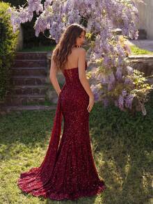 ADYCE Vestido largo de satén elegante con lentejuelas, sin tirantes, con pliegues, cintura alta, abertura alta en la espalda y lazo, adecuado para baile de graduación, fiesta de cumpleaños, cena formal, cita, regreso a casa, invitado de boda, gala formal, reunión familiar y talla grande ocasiones, para el Día de San Valentín y la primavera - Burdeos - Ver 2