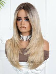 24 Inch Ombre Gold Synthetic Wig With Bowknot, Layered Long Straight Hair With Bangs, Suitable For Daily Wear, Party, Cosplay, Graduation, Gift For Women - Blonde Ombre - View 4