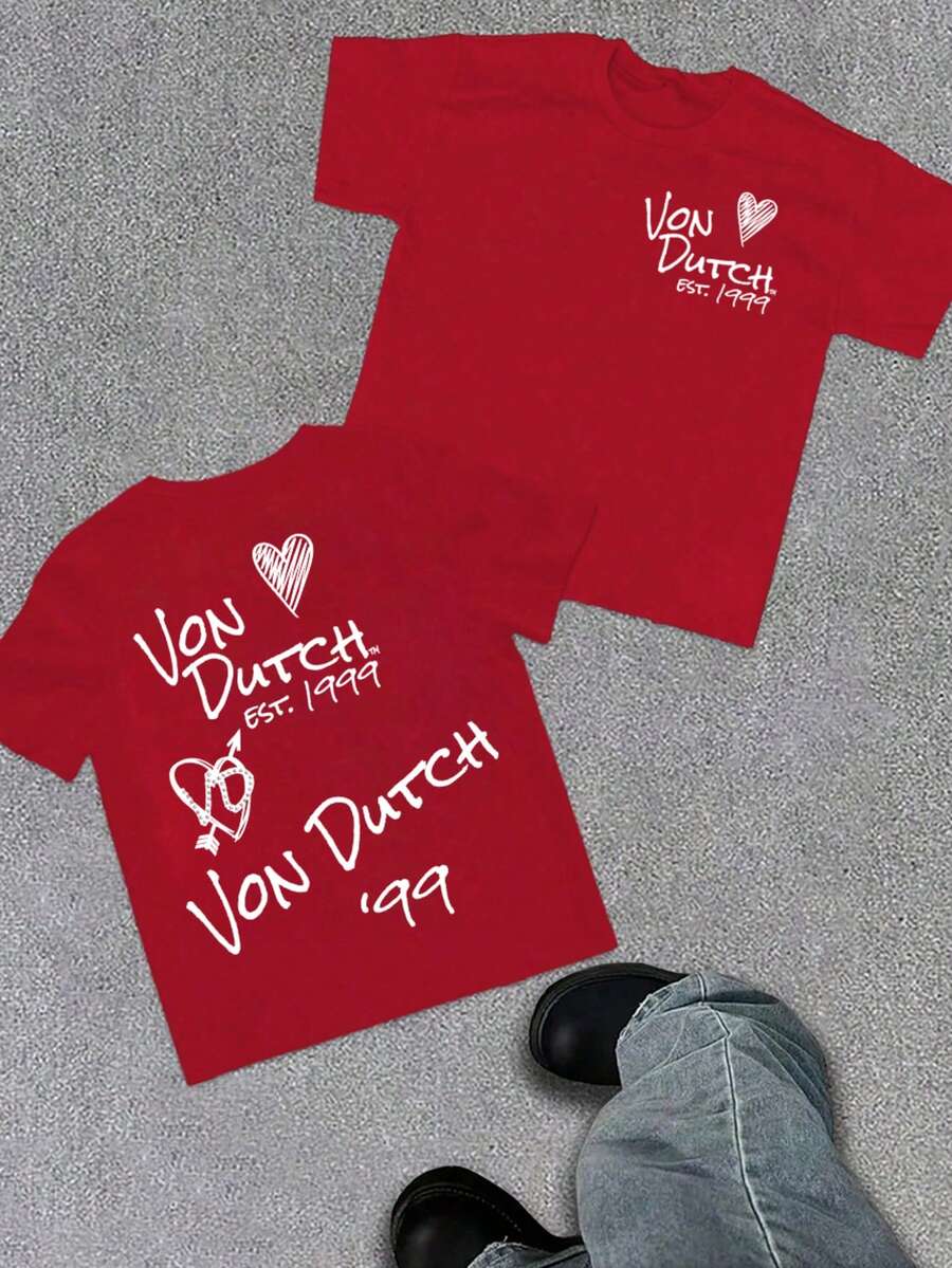 Red 1pcs Women's Double-Sided Printing Von Dutchh Heart Logo With Key And Year 1999 Fabric Soft & Skin-Friendly Unisex Style Gifts For Spring Festival, Valentine's Day, St. Patrick's Day & World Cup-Van Dutch Dragon Print Women T Shirt Classic Americana Style Graphic Tee - 紅色 - 查看 1