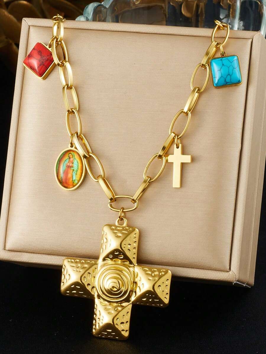 1pc Punk Retro Gold-Plated Block Paste Aimulation Turquoise Accessory Cross Pendant Necklace Three-Dimensional Splicing Threaded Cross Stainless Steel Collarbone Chain - Multicolor - View 1