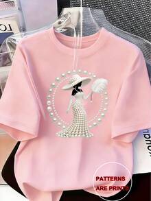 Women's Pink 3D Floral & Pearl Figure Printed T-Shirt, Casual Crew Neck Short Sleeve Slim Fit Tee For Spring Summer - Trắng 2 - Xem 9