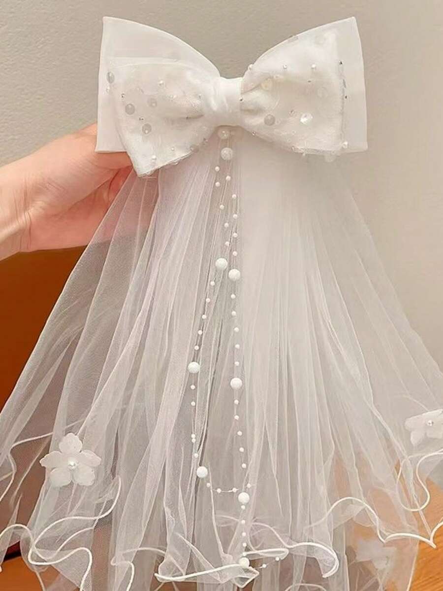 1件装女童白色珍珠绒球发箍,配蝴蝶结丝带,适合婚礼、度假、派对、乡村活动等场合。 - 白色 - 查看 1