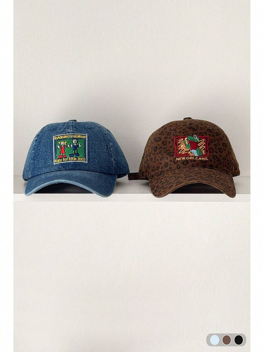 Y2K卡通鳄鱼刺绣软顶棒球帽，宽帽檐修饰脸型，时尚男女通用复古豹纹帽 - 多色 - 查看 1