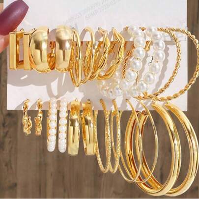 6对简约优雅C形和方形扭纹金属耳环，时尚黄金首饰