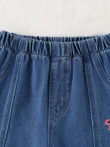 1 chiếc quần jeans ống loe màu xanh dương dễ thương thêu nơ hồng cho bé gái, kiểu dáng thường ngày, đa năng. - Rửa trung bình - Xem 5